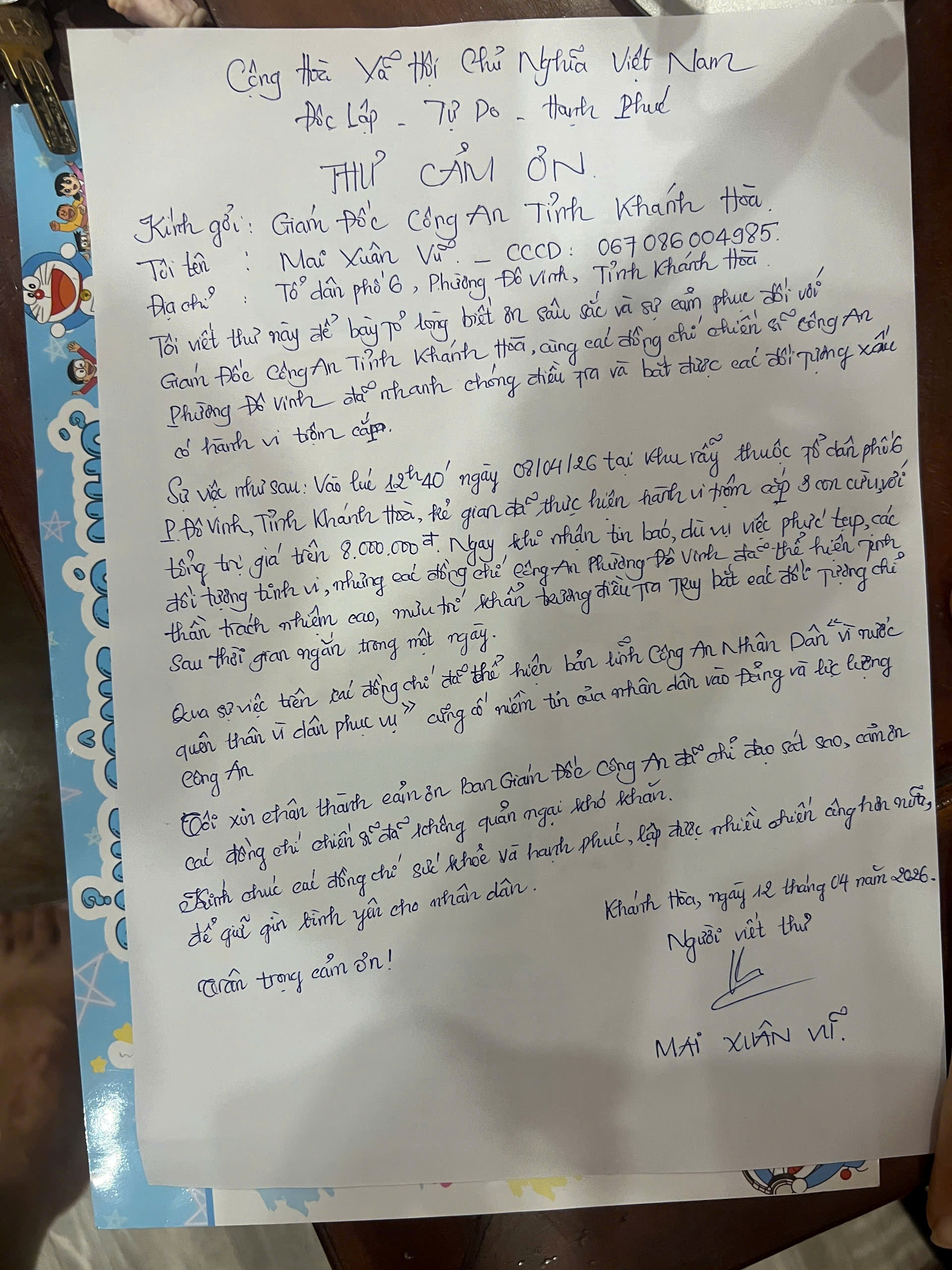 Công an phường Đô Vinh nhận thư cảm ơn vì nhanh chóng truy tìm đối tượng trộm cắp tài sản