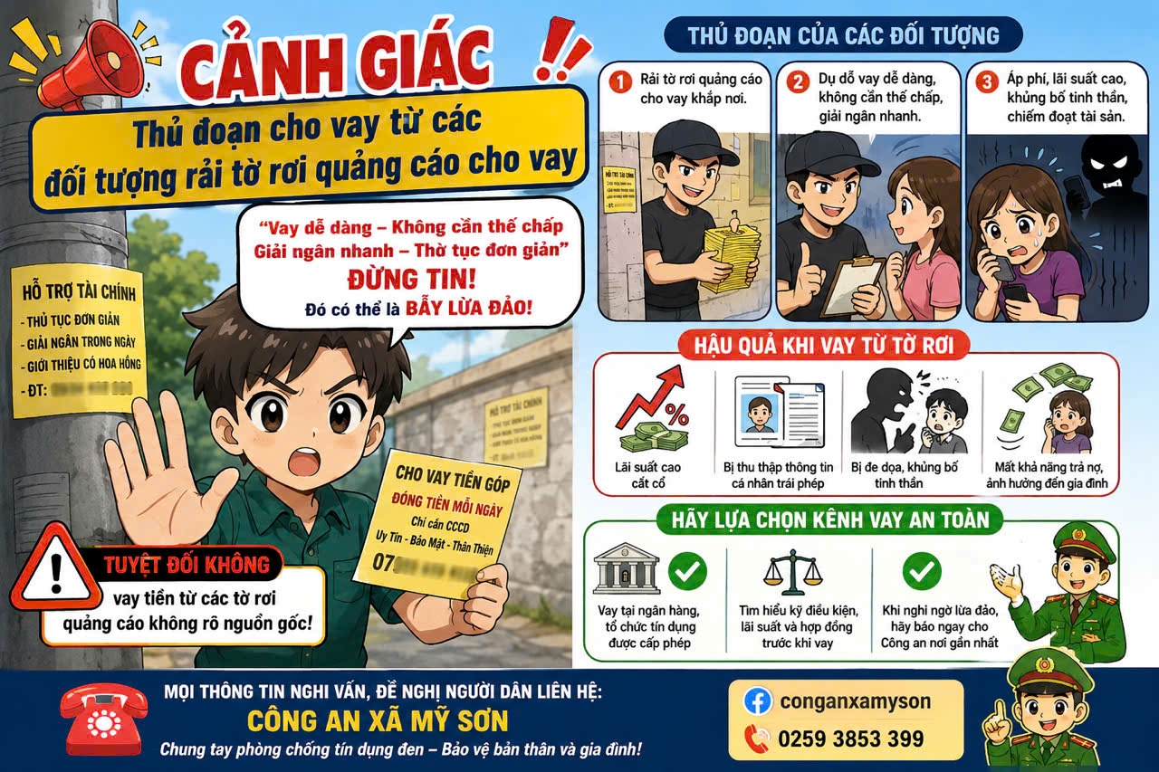 Công an xã Mỹ Sơn cảnh báo nguy cơ vay tiền từ tờ rơi quảng cáo