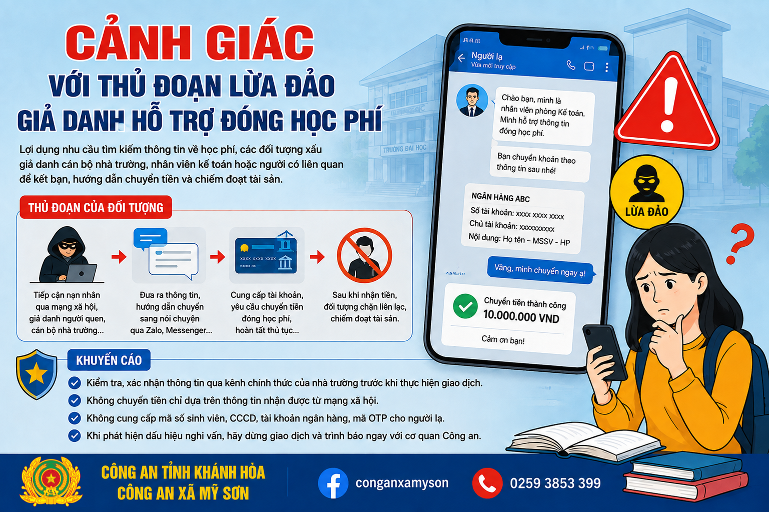 Công an xã Mỹ Sơn cảnh báo thủ đoạn lừa đảo giả danh hỗ trợ đóng học phí