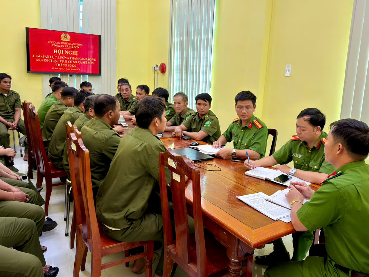 Công an xã Mỹ Sơn tổ chức Hội nghị giao ban tháng 4/2026 đối với Lực lượng tham gia bảo vệ an ninh, trật tự ở cơ sở