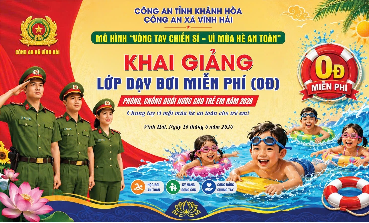 Công an xã Vĩnh Hải tổ chức khai giảng lớp dạy bơi miễn phí cho thiếu nhi trên địa bàn