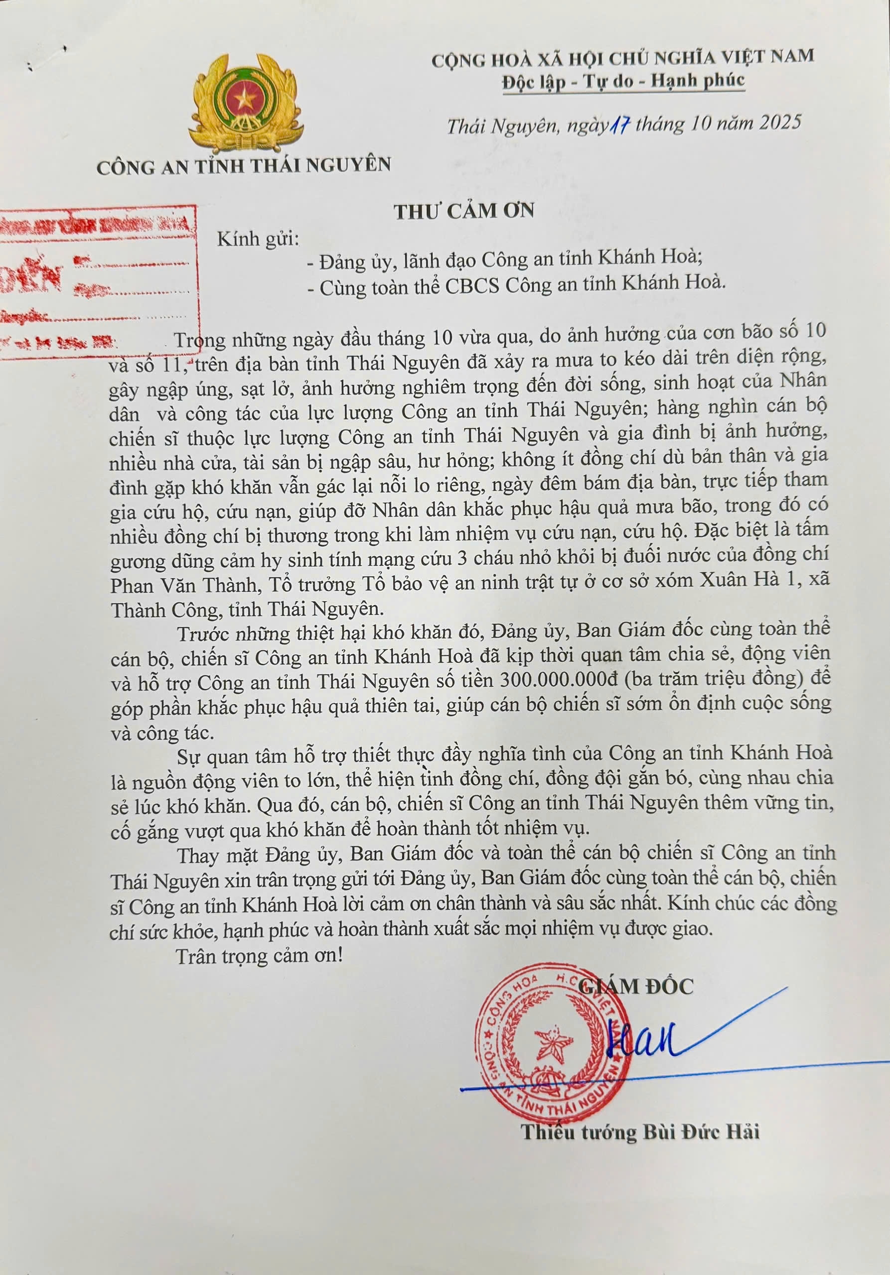 Công an tỉnh Thái Nguyên gửi thư cảm ơn Công an tỉnh Khánh Hoà