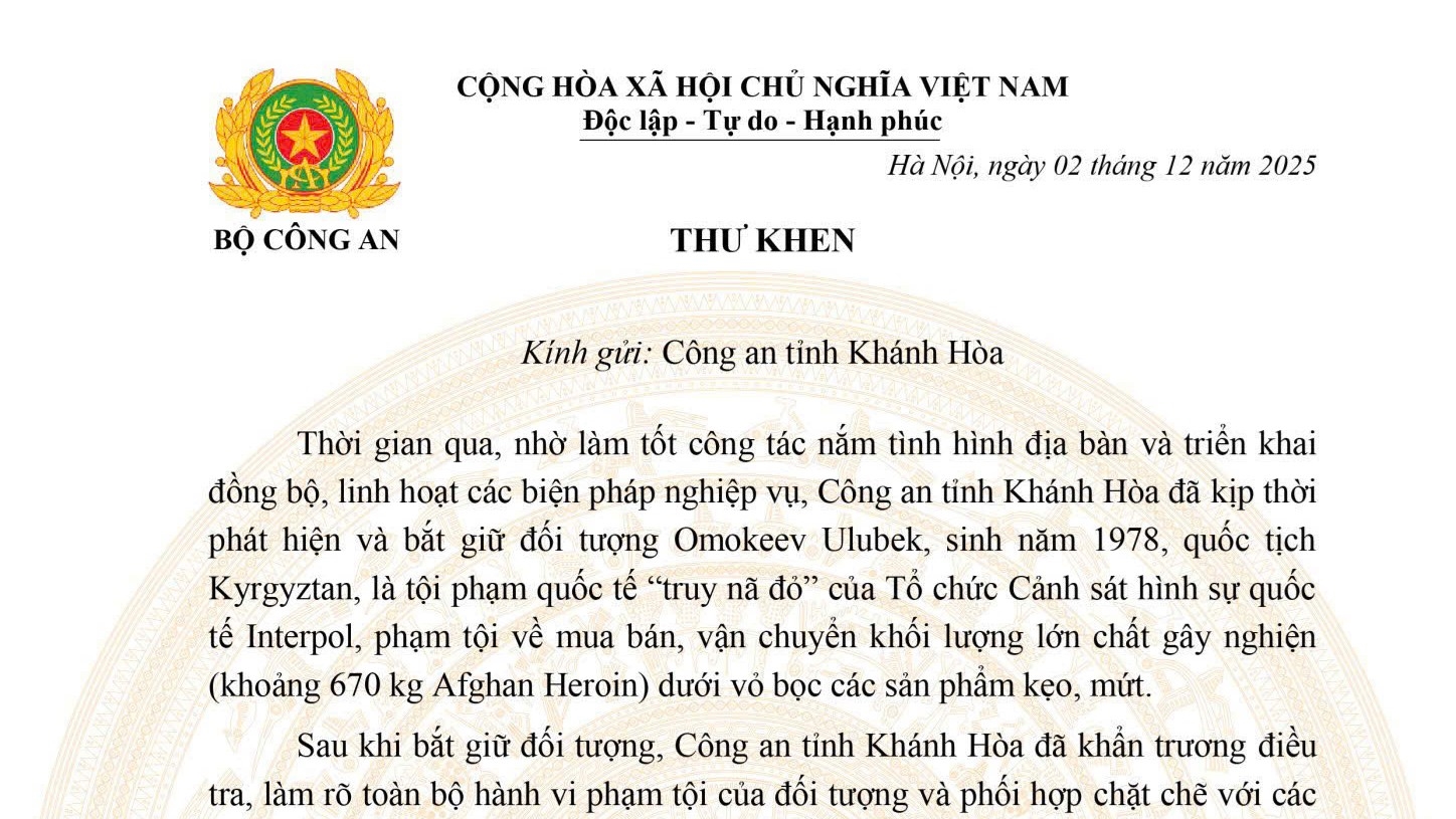 Bộ Công an gửi thư khen Công an tỉnh Khánh Hòa về thành tích bắt giữ tội phạm bị truy nã đỏ quốc tế