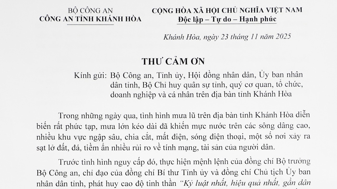 Thư cảm ơn của Giám đốc Công an tỉnh Khánh Hòa