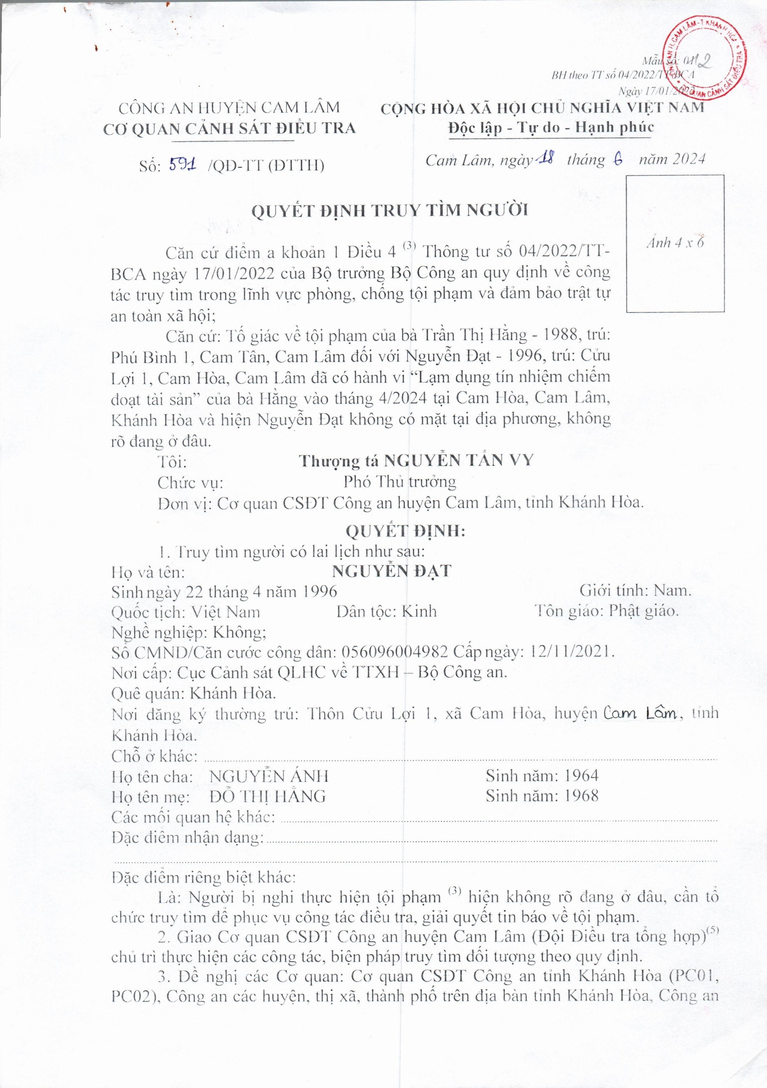 Thông báo truy tìm đối tượng Nguyễn Đạt