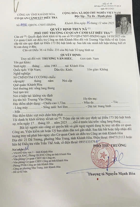 Thông báo đối tượng truy nã