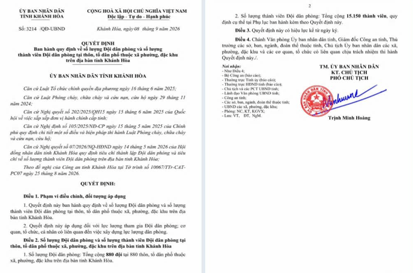 UBND tỉnh Khánh Hòa ban hành Quyết định quy định 880 Đội dân phòng với 15.150 thành viên trên địa bàn tỉnh