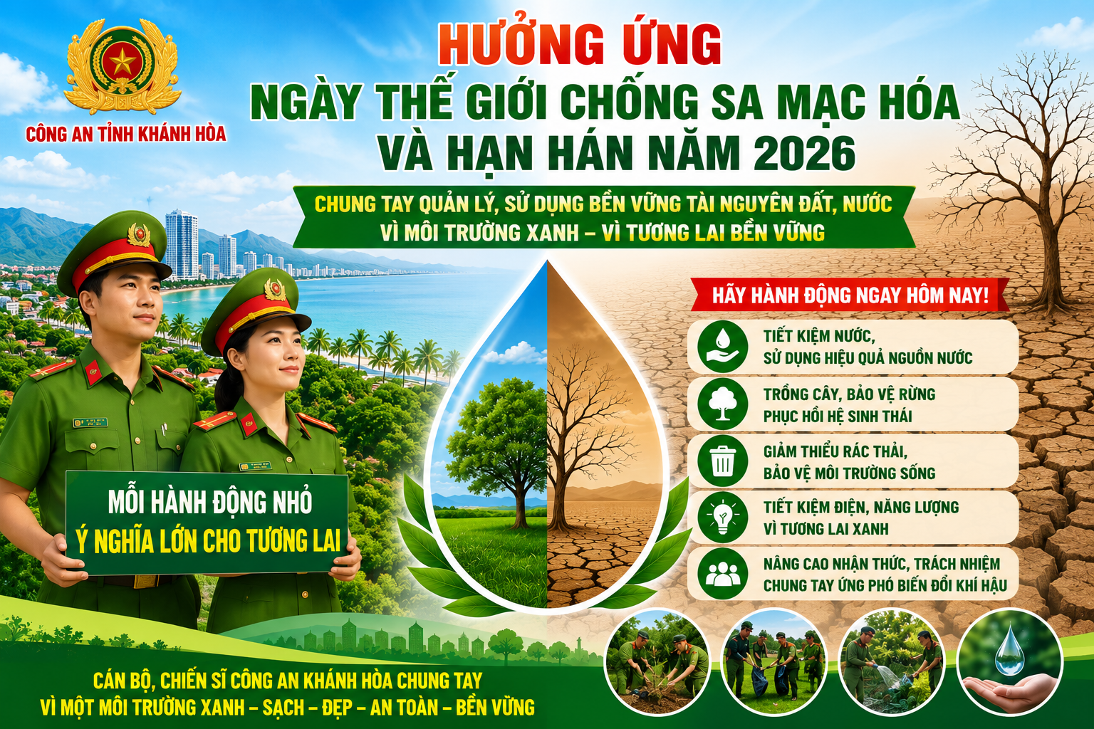 Công an tỉnh Khánh Hòa triển khai các hoạt động hưởng ứng Ngày Thế giới chống sa mạc hóa và hạn hán năm 2026