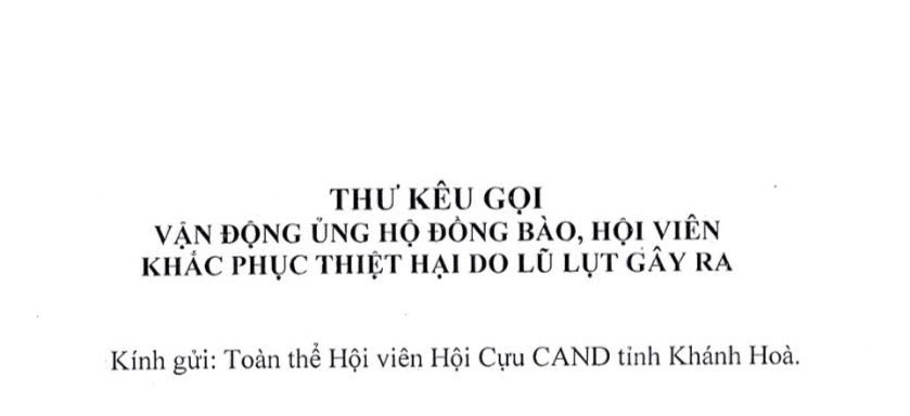 Thư kêu gọi ủng hộ đồng bào và Hội viên bị thiệt hại do lũ lụt của Ban thường vụ Hội cựu CAND tỉnh