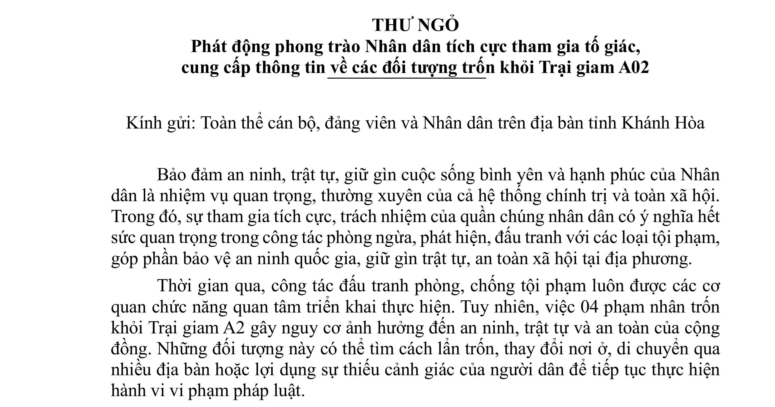 Phát động phong trào Nhân dân tích cực tham gia tố giác, cung cấp thông tin về các đối tượng trốn khỏi Trại giam A2