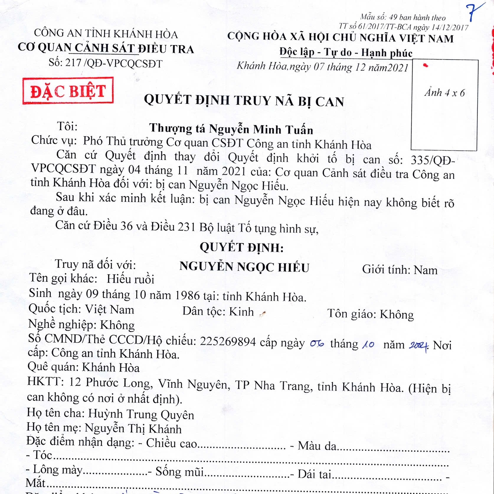 Truy nã đối tượng Nguyễn Ngọc Hiếu