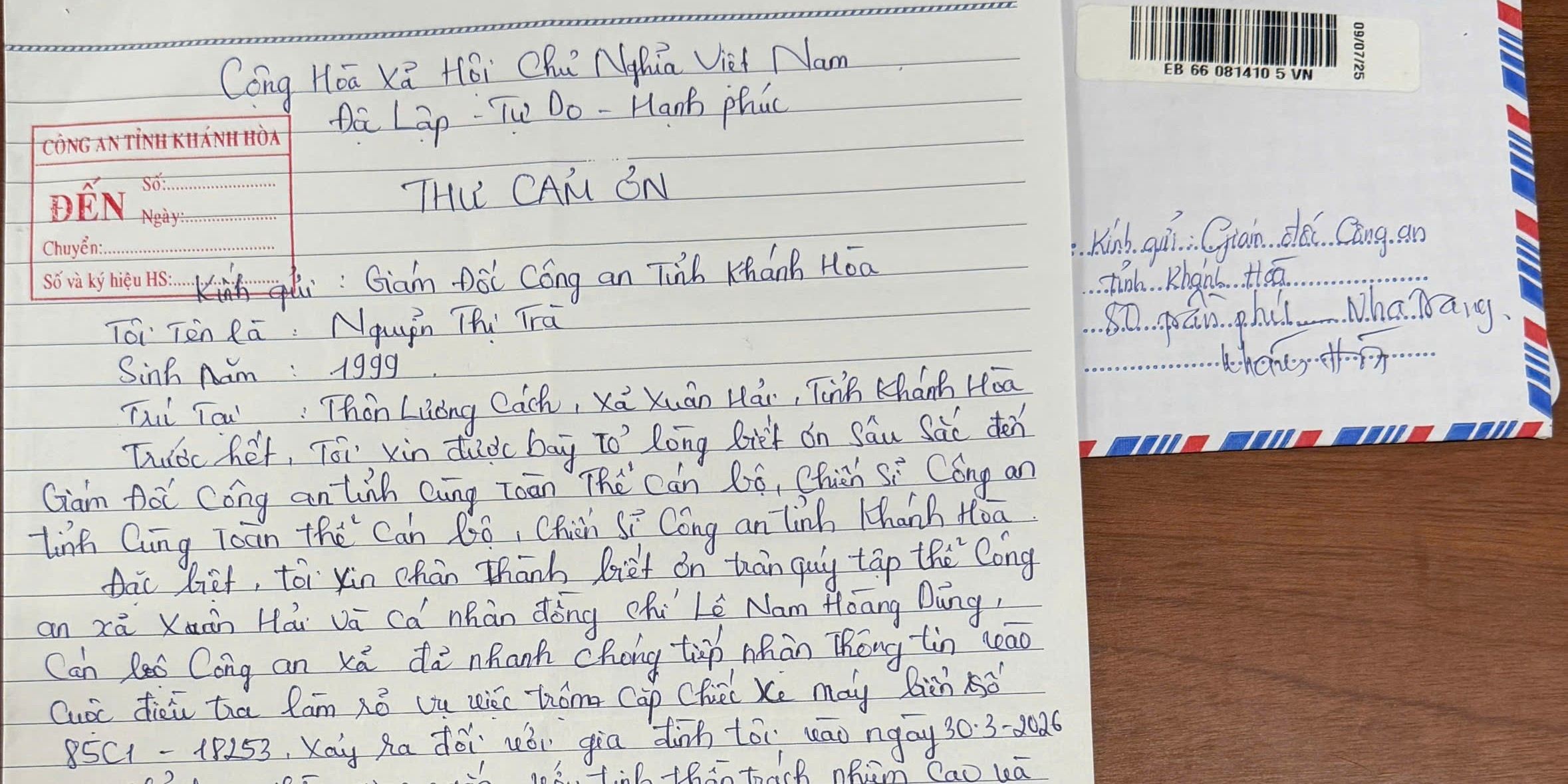 Nhanh chóng thu hồi tài sản bị trộm cắp, Công an xã Xuân Hải nhận thư cảm ơn từ người dân