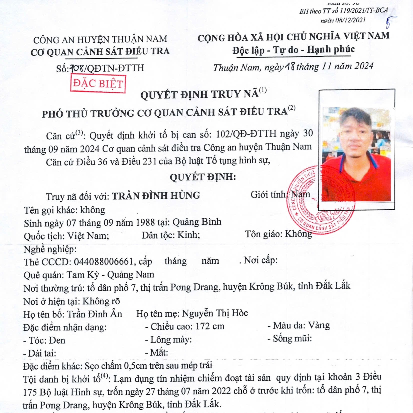 Truy nã đối tượng Trần Đình Hùng