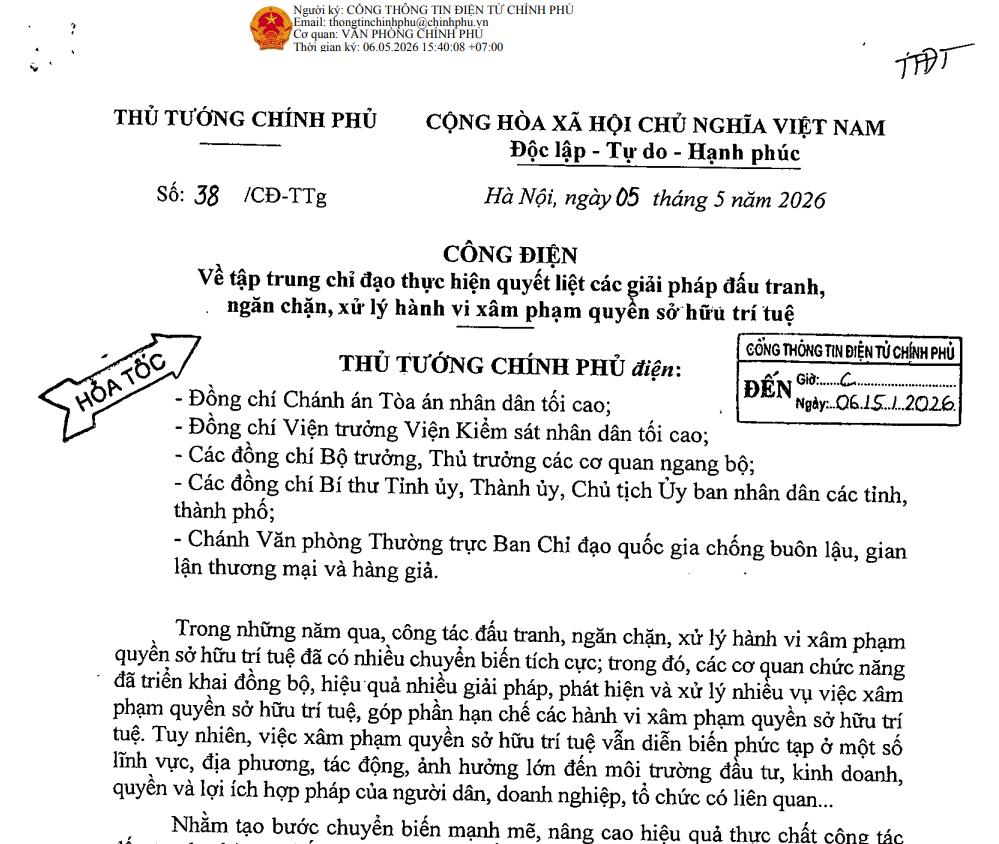 Công điện số 38/CĐ-TTg ngày 05/05/2026