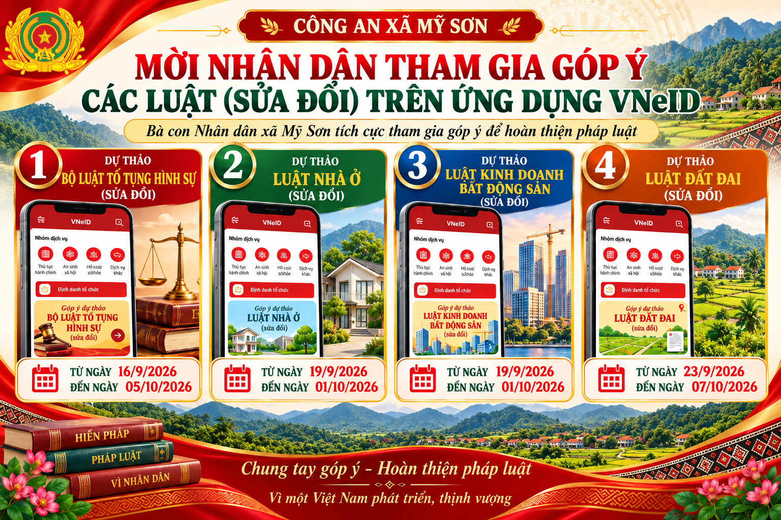 Ảnh tuyên truyền góp ý các dự thảo luật trên ứng dụng VNeID do Công an xã Mỹ Sơn biên soạn.