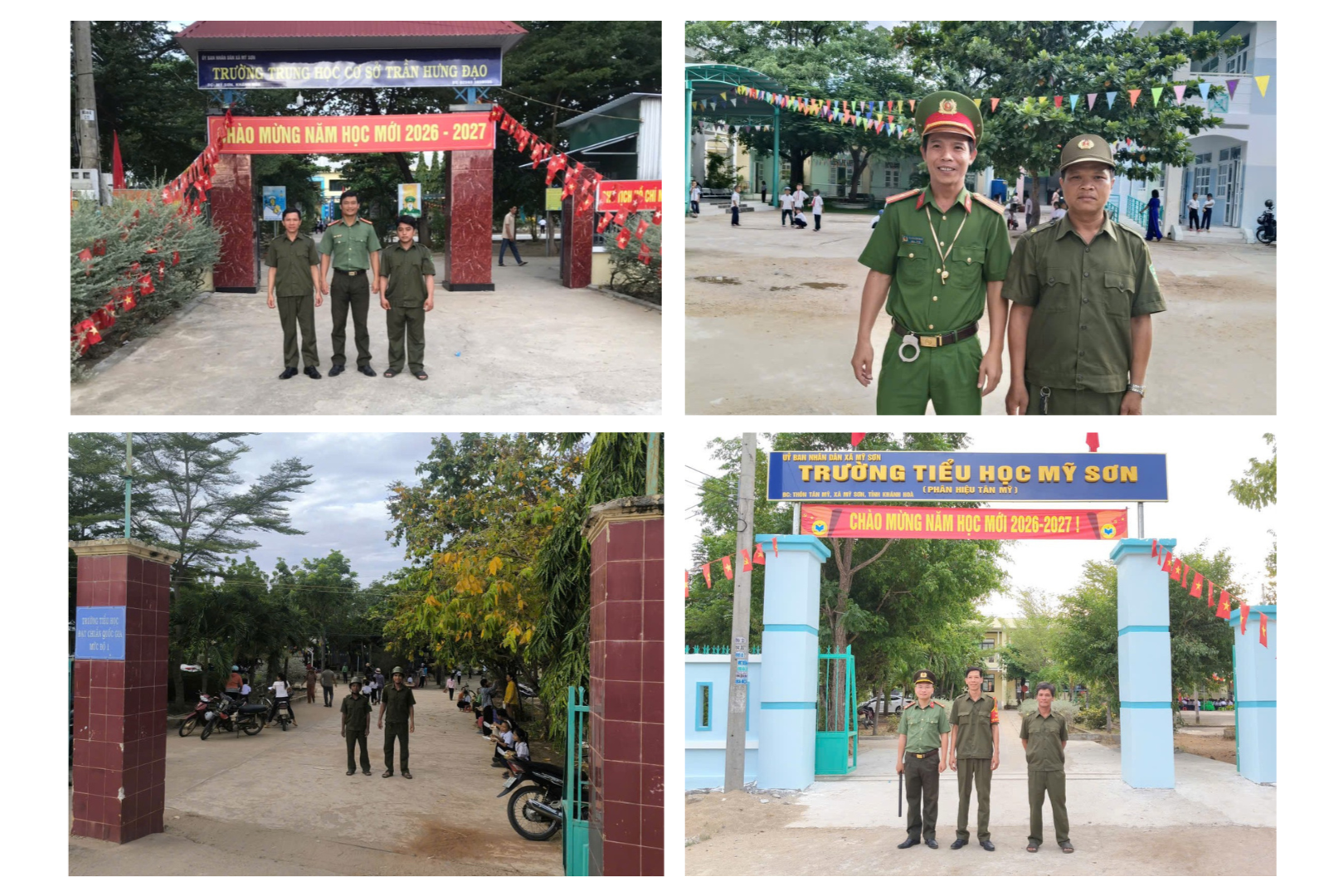 án bộ Công an xã Mỹ Sơn và lực lượng tham gia bảo vệ an ninh, trật tự ở cơ sở thực hiện nhiệm vụ tại các khu vực trường học trong sáng khai giảng.
