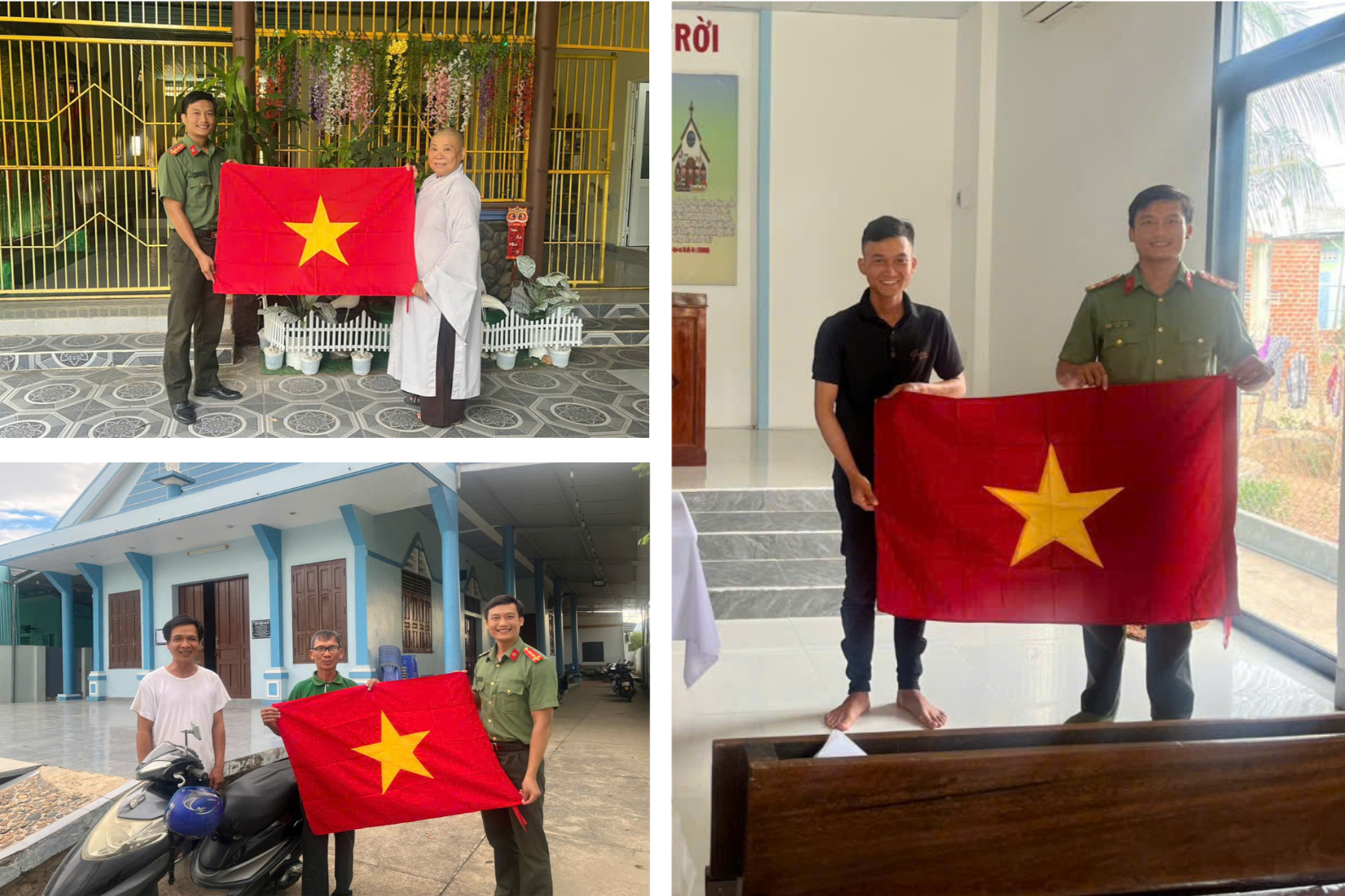 Công an xã Mỹ Sơn tặng cờ Tổ quốc cho 03 cơ sở tôn giáo trên địa bàn xã.