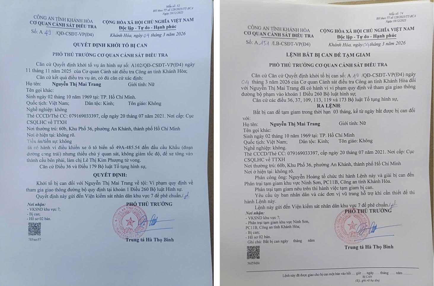Ảnh: Quyết định khởi tố bị can và Lệnh bắt bị can để tạm giam của Cơ quan Cảnh sát điều tra Công an tỉnh Khánh Hòa