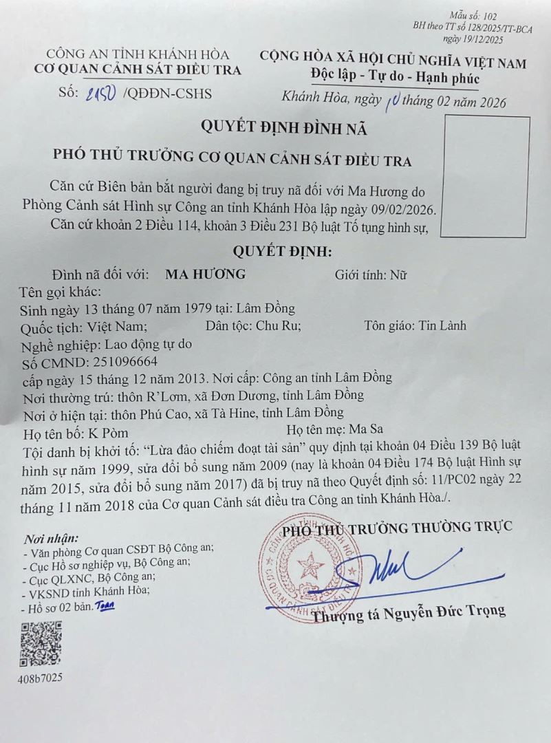 Quyết định đình nã đối tượng Ma Hương