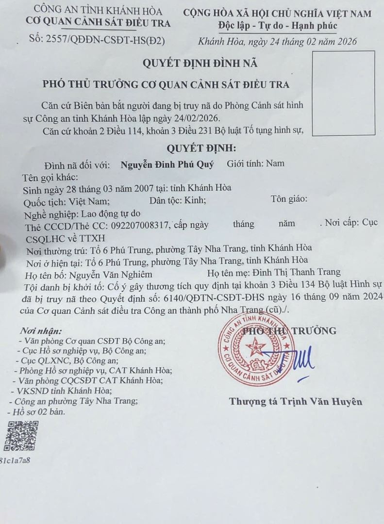 Quyết định đình nã đối tượng Nguyễn Đinh Phú Quý